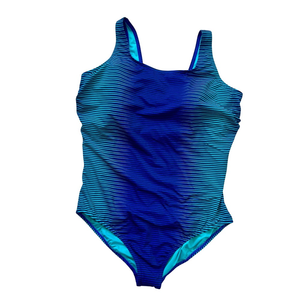 Lands End 26W One Piece Swimsuit Blue Striped Ombre Lycra Xtra Life Soft Cup NEW